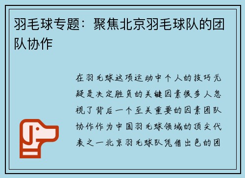 羽毛球专题：聚焦北京羽毛球队的团队协作