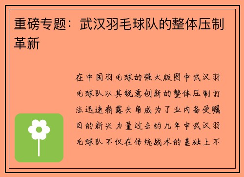 重磅专题：武汉羽毛球队的整体压制革新
